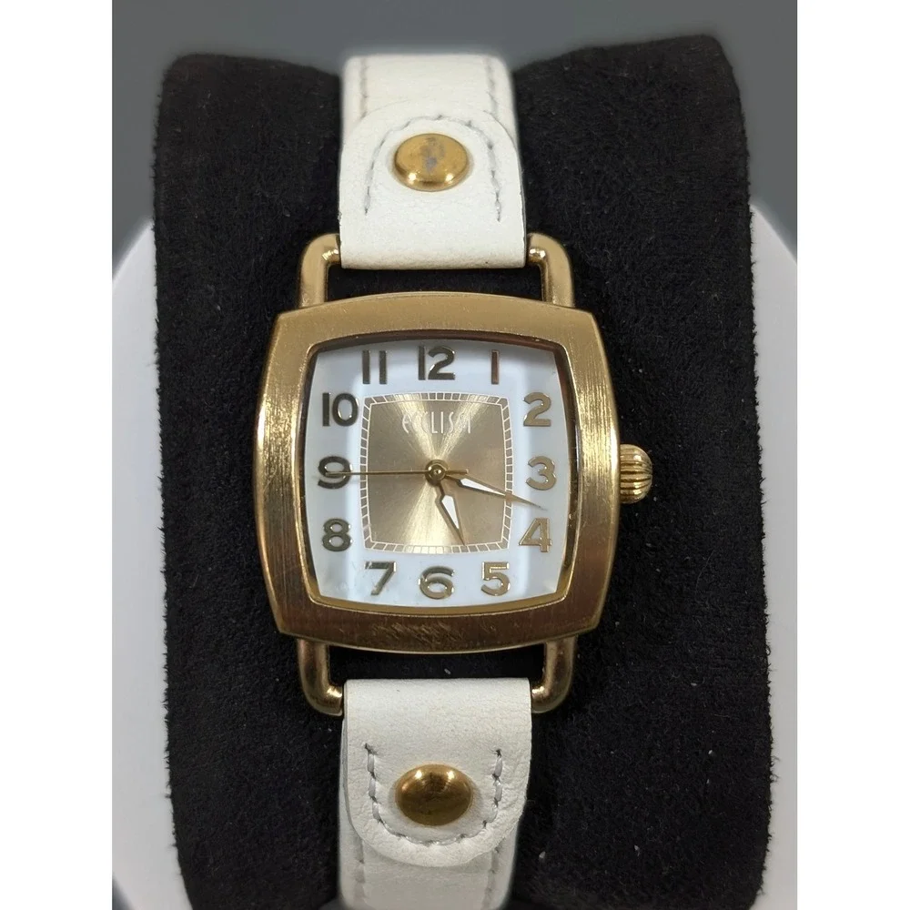 Ecclissi Womens White Leather Watch Gold Tone Square Minimalist‎ 7